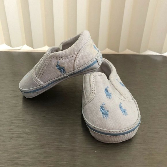 Ralph Lauren Baby Boy Canvas Shoes Slip On White Light Blue Logo Size 2 - Picture 9 of 11